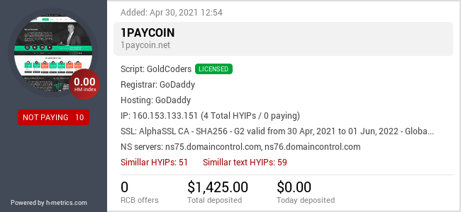 HYIPLogs.com widget for 1paycoin.net