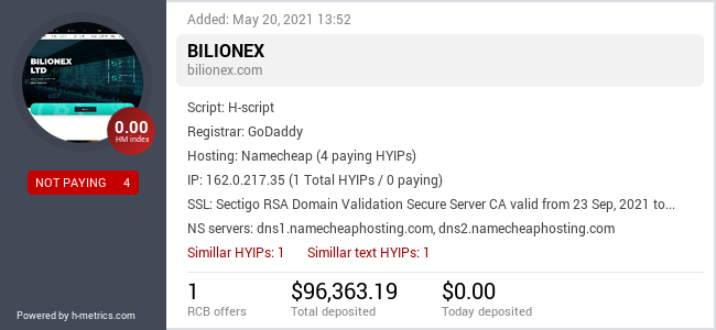 HYIPLogs.com widget for bilionex.com