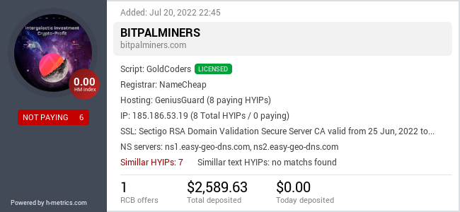 HYIPLogs.com widget for bitpalminers.com