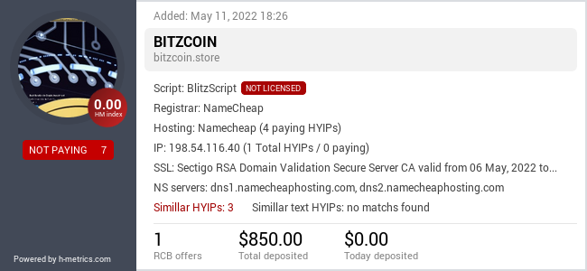 HYIPLogs.com widget for bitzcoin.store