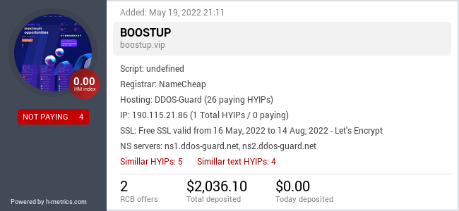 HYIPLogs.com widget for boostup.vip