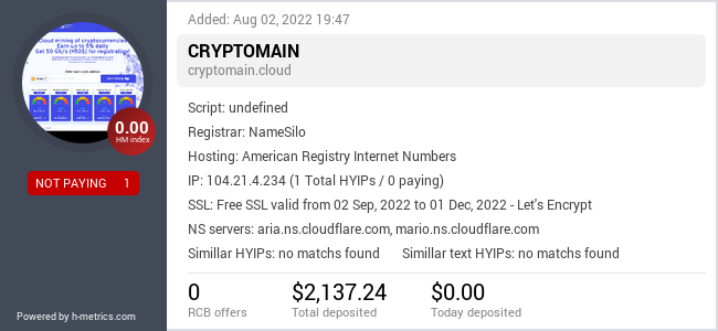 HYIPLogs.com widget for cryptomain.cloud