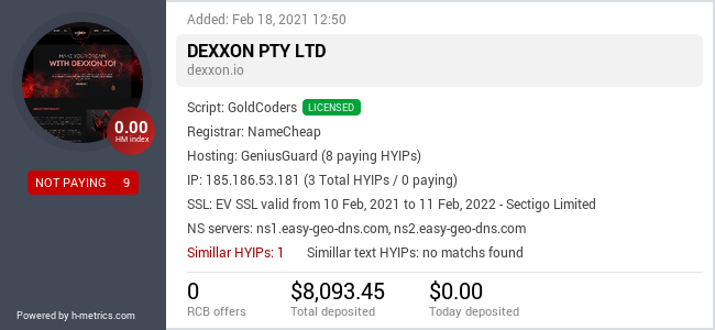 HYIPLogs.com widget for dexxon.io
