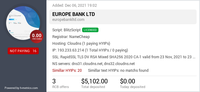 HYIPLogs.com widget for europebankltd.com