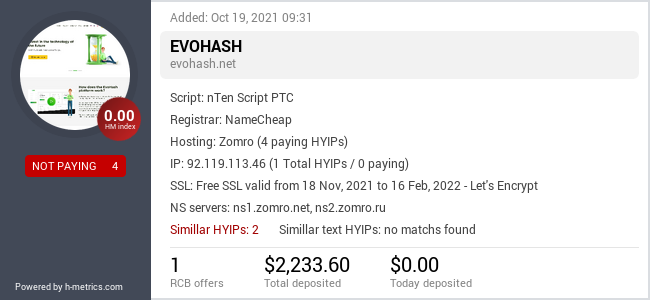 HYIPLogs.com widget for evohash.net