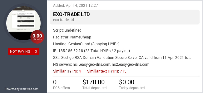 HYIPLogs.com widget for exo-trade.ltd