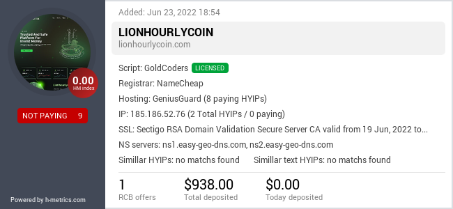 HYIPLogs.com widget for lionhourlycoin.com