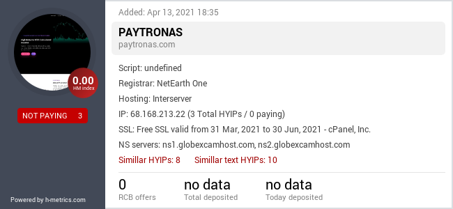 HYIPLogs.com widget for paytronas.com