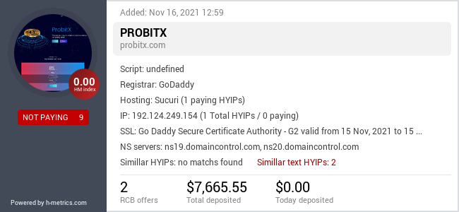 HYIPLogs.com widget for probitx.com