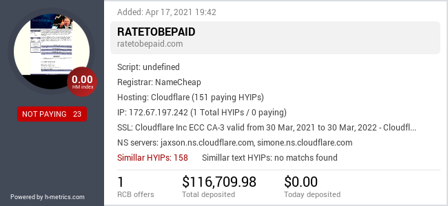 HYIPLogs.com widget for ratetobepaid.com
