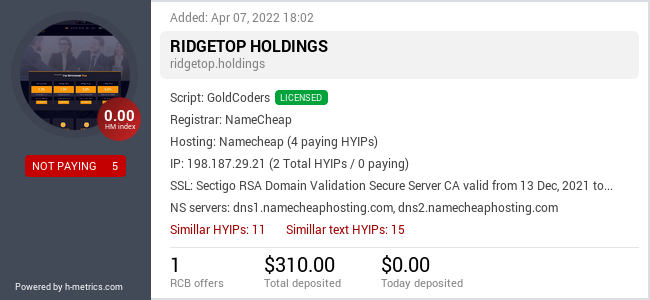 HYIPLogs.com widget for ridgetop.holdings