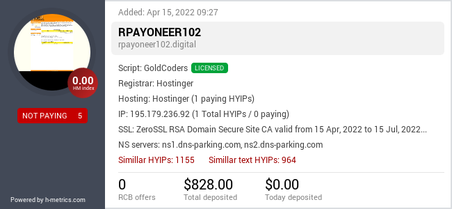 HYIPLogs.com widget for rpayoneer102.digital
