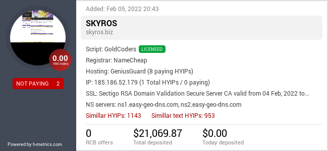 HYIPLogs.com widget for skyros.biz