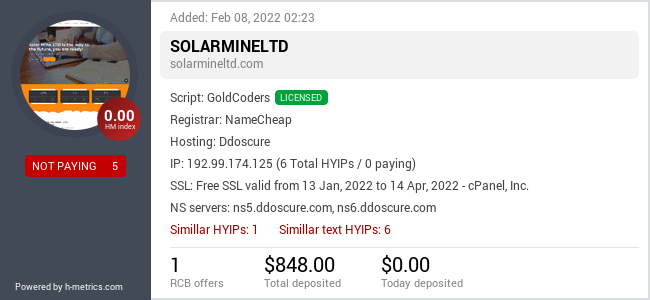 HYIPLogs.com widget for solarmineltd.com