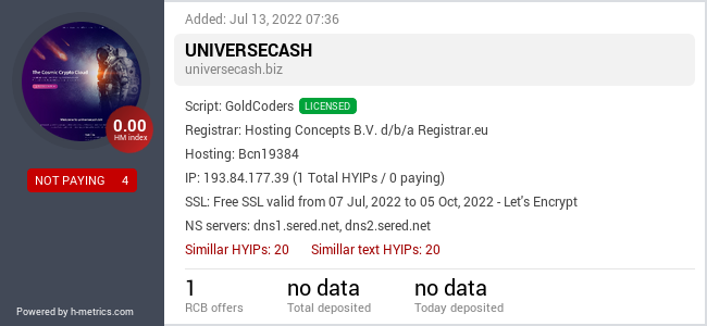 HYIPLogs.com widget for universecash.biz