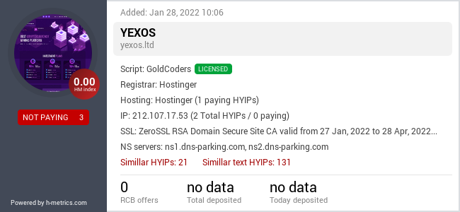 HYIPLogs.com widget for yexos.ltd